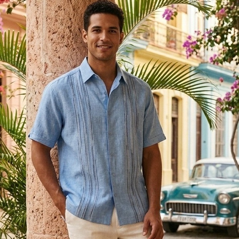 Cubavera Mens 100% Linen Short Sleeve Guayabera Shirt Blue Embroidered Large